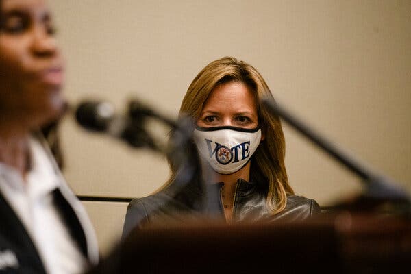 Michigan Secretary of State Jocelyn Benson at a press conference in Detroit last month.