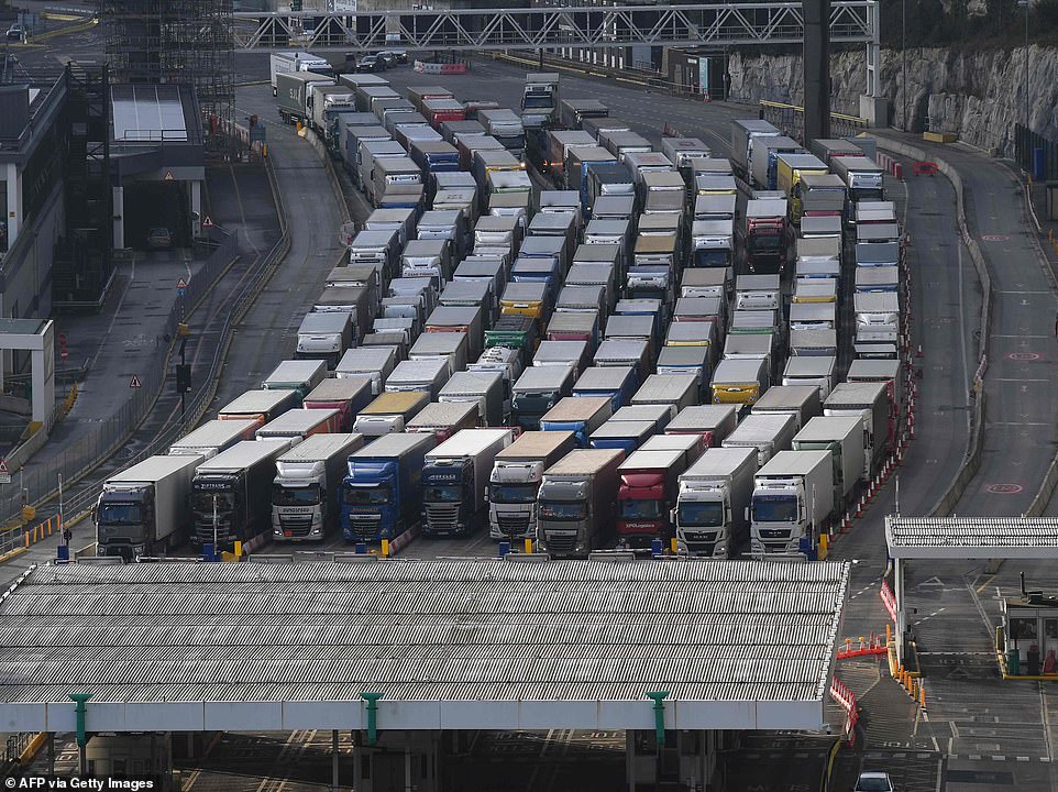 Freight traffic builds at the entrance to the ferry terminal in Dover, Kent, today as Britain's ports are choked due to delays with container traffic