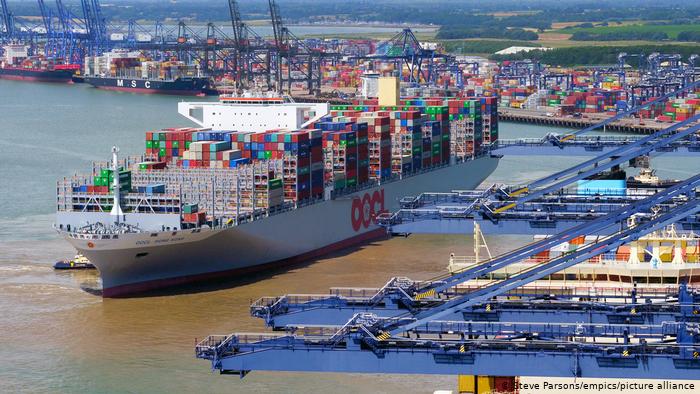 An OOCL container ship at the Port of Felixstowe in England