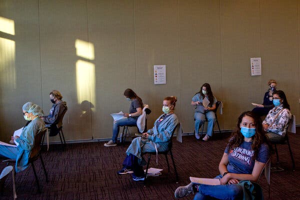 Staff members who received the Covid-19 vaccine waited to make sure they did not experience an allergic reaction at Redlands Community Hospital in California on Friday.