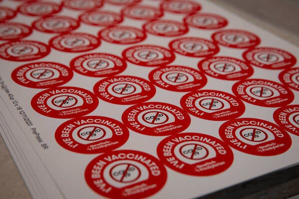 Stickers awaiting distribution as one New York hospital prepared to vaccinate its workers.