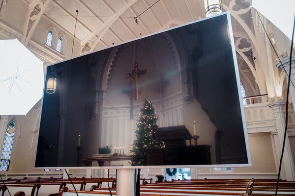 A Presbyterian Church in Bedford, N.Y., set up for virtual services.
