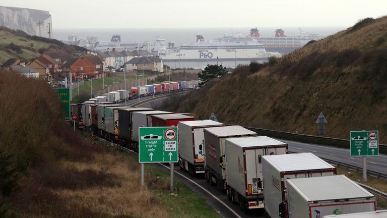 Lorries queue for The Port of Dover along the A20 in Kent ahead of the end of the Brexit transition period (Pic: 18 December)