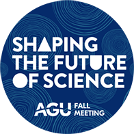 Blue circle with white text reading "Shaping the Future of Science" and "AGU Fall Meeting"