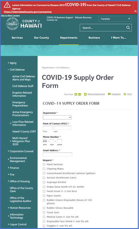 Figure 1. County of Hawaii COVID-19 Supply Order Form.