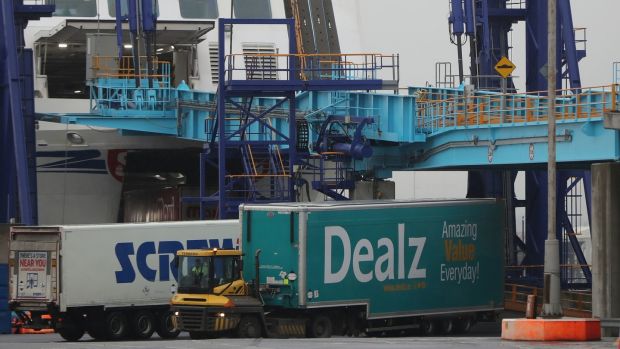 Trucks at Dublin port as the Brexit transition period ends. Photograph: PA
