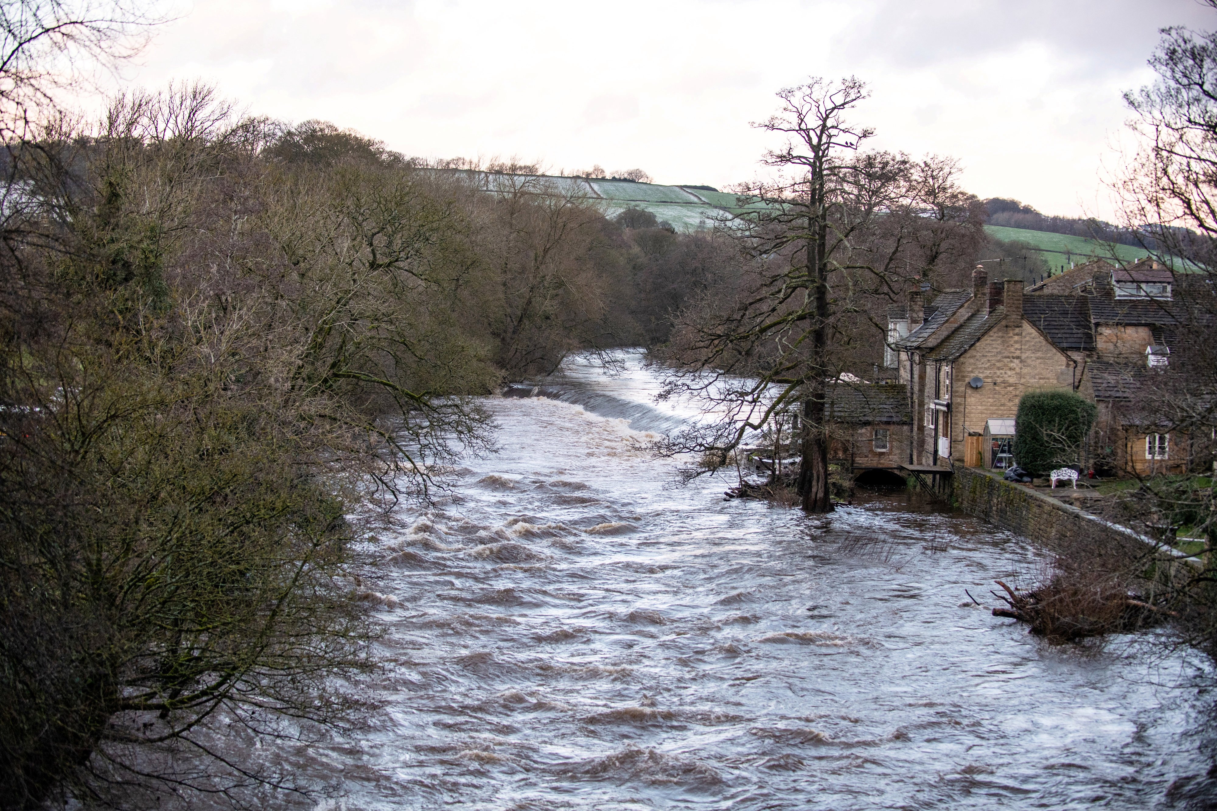 The River Derwent at Bubnell, Derbyshire nearly burst its banks this morning