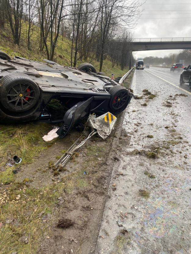 In Leeds, a Ferrari flipped having smashed through a barrier on the M621 