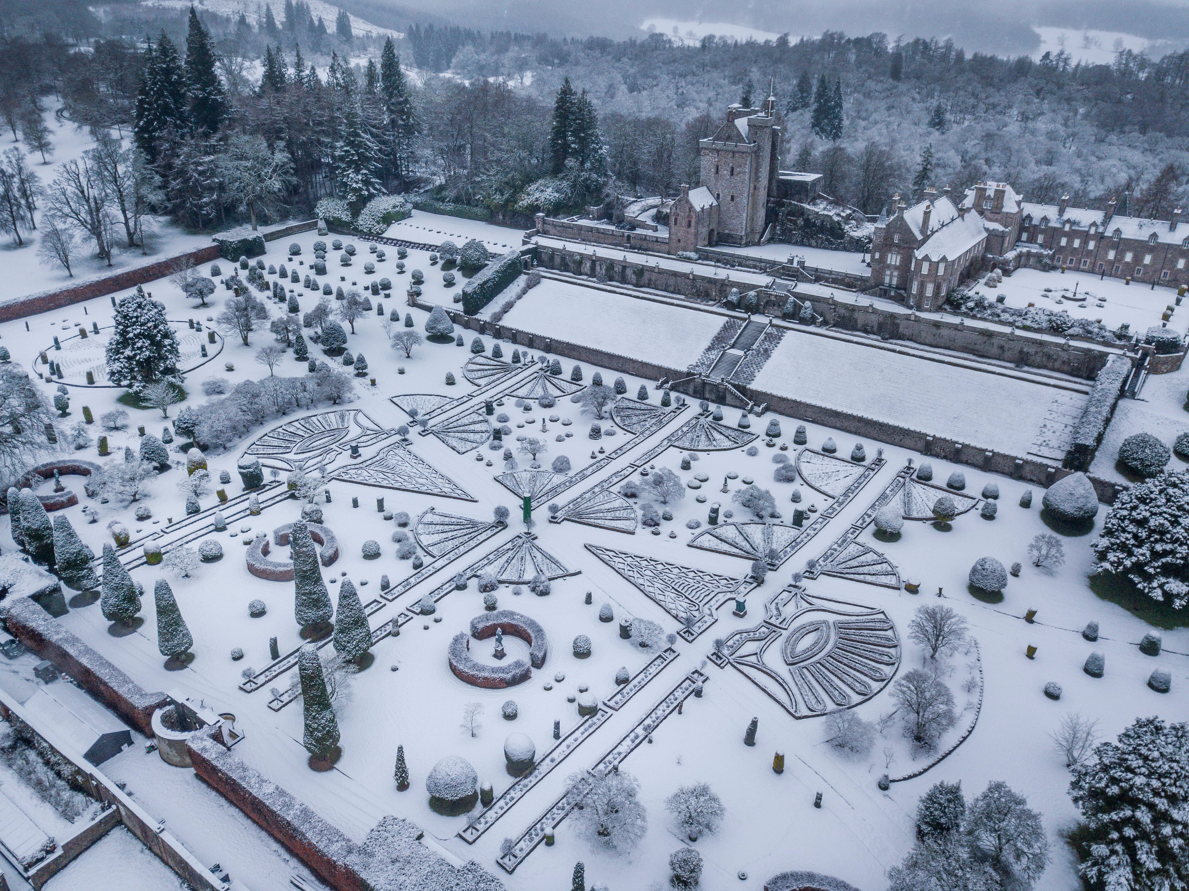 Snow-covered Drummond Castle Gardens in Perthshire