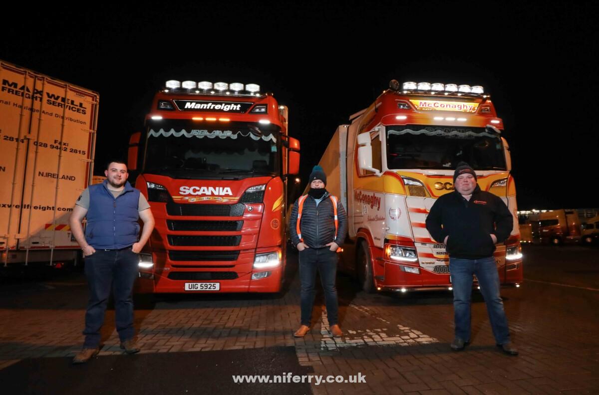 ALL ABOARD STENA EMBLA… Truck drivers (l-r) Daniel Ferris, Dean McAuley and Johnny Spence were amongst the first to travel on Stena Line’s newest Irish Sea ferry as it made its inaugural crossing on the Belfast-Liverpool service last night.