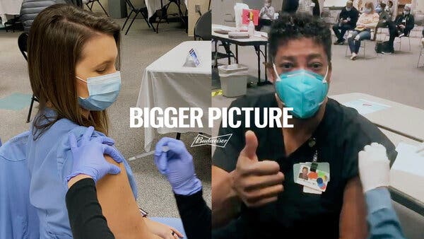 Budweiser’s Covid-19 awareness advertisement includes two health workers who were being vaccinated.