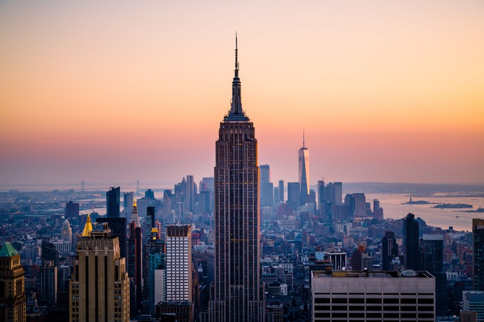 New York City with Empire State Building in center.