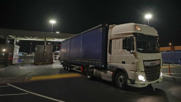Trucks arriving from Holyhead in Wales pass through customs at Dublin Port. Photograph: PA