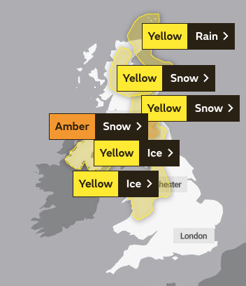 Yellow weather warnings are in place across swathes of Northern England and Scotland this afternoon