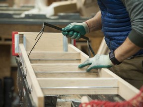 Vancouver, BC: NOVEMBER 18, 2020 --  Allright Ladders is a 99-year-old East Vancouver, BC business that is famous for making wooden ladders for industrial clients. The company is stopping production of their venerable Sitka spruce wooden ladders as market tastes and demands change. Pictured are workers at their factory on Franklin Street producing some of the last wooden ladders Wednesday, November 18, 2020.



(Photo by Jason Payne/ PNG)

(For story by John Mackie) ORG XMIT: allrightladders [PNG Merlin Archive]