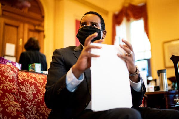 Representative Joe Neguse of Colorado, a House impeachment manager, preparing for the fifth day of former President Donald J. Trump’s trial on Saturday.