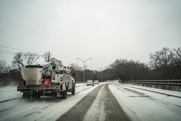 Utility crews worked to repair storm-damaged power facilities across Texas. Many customers lost their electricity in rotating outages ordered by regulators to protect the power grid after the storm took generating capacity offline.