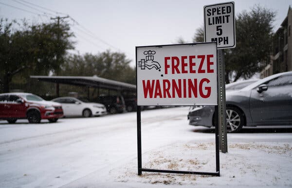 Many of the Texas utility customers who had lost power on Monday were in Dallas and neighboring counties. A sign in Dallas warned of the harsh weather.