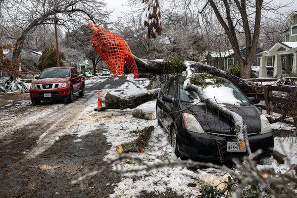 A fallen tree limb on a vehicle in Austin. There have been dozens of deaths linked to this week’s winter storms.