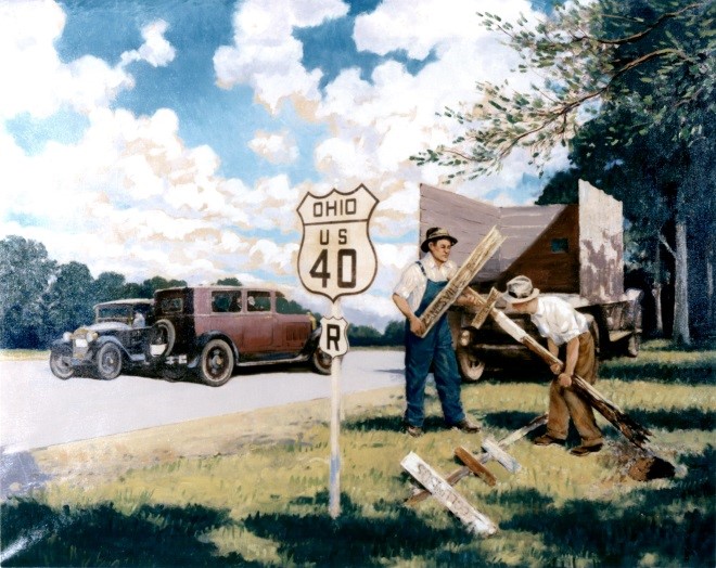 A painting depicting the changing of signs on U.S. 40 in Ohio. (Image: Federal Highway Administration)