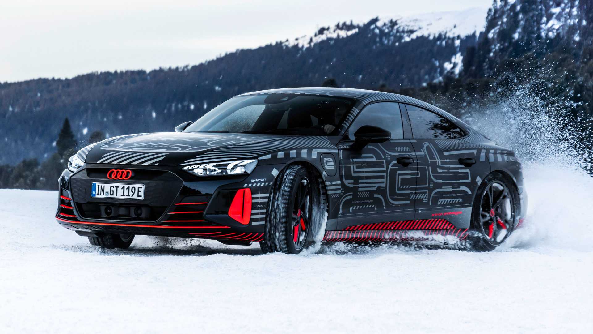 Audi E-Tron GT Teased Front Three Quarters Snow Driving