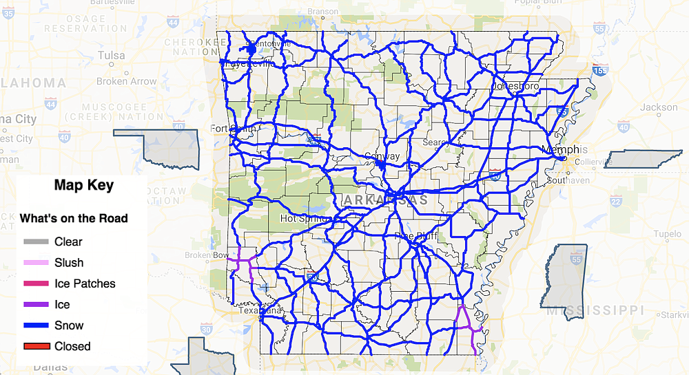 A traffic map shows impacts on the roads as a result of snow.