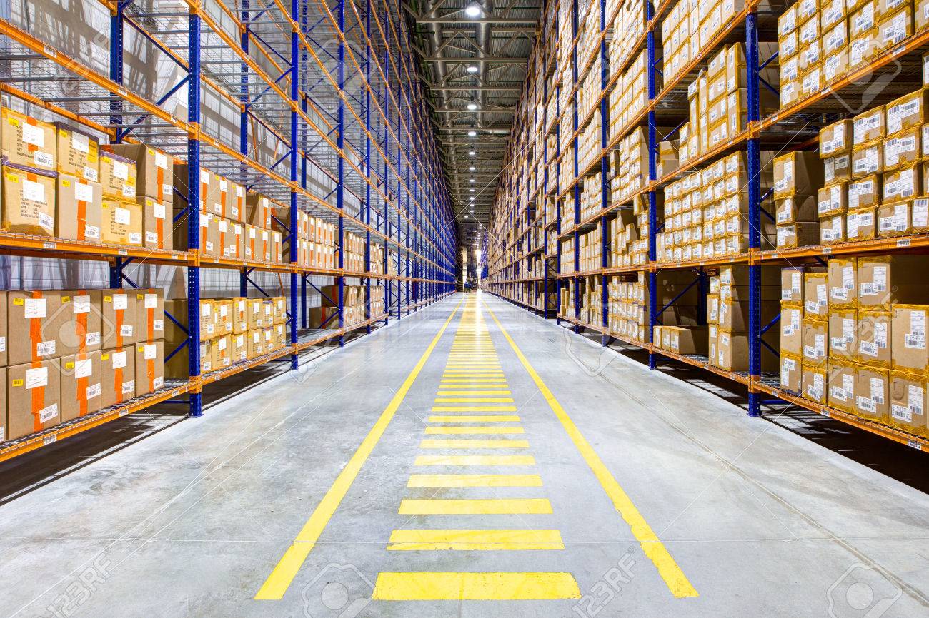 Rows Of Shelves With Boxes In Modern Warehouse Stock Photo, Picture And  Royalty Free Image. Image 55748048.