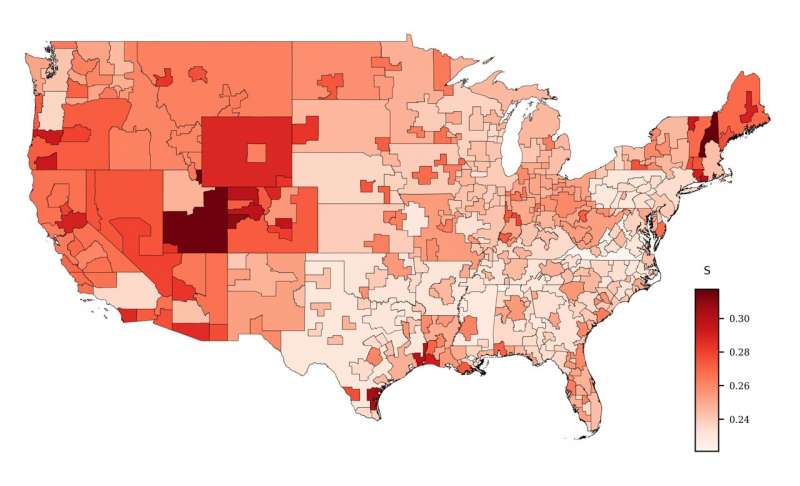 Shock magnitudes in U.S. cities due to a 100-year food supply shock event. Shock magnitudes are expressed as a fraction of the average annual food inflows to each city. Darker red colors mean that the city is likely to experience greater food supply decreases. Credit: Michael Gomez, Penn State Diversification in supply chain crucial to avoid 'food shock' in cities