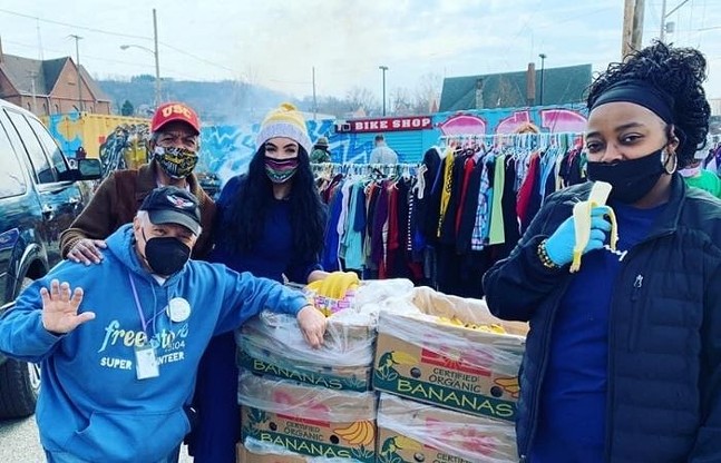 For Good PGH team distributes donated bananas and clothing at the Free Store. - COURTESY OF FOR GOOD PGH