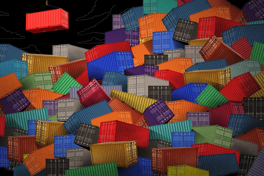 Illustration of container box above chaotic pile of more boxes.