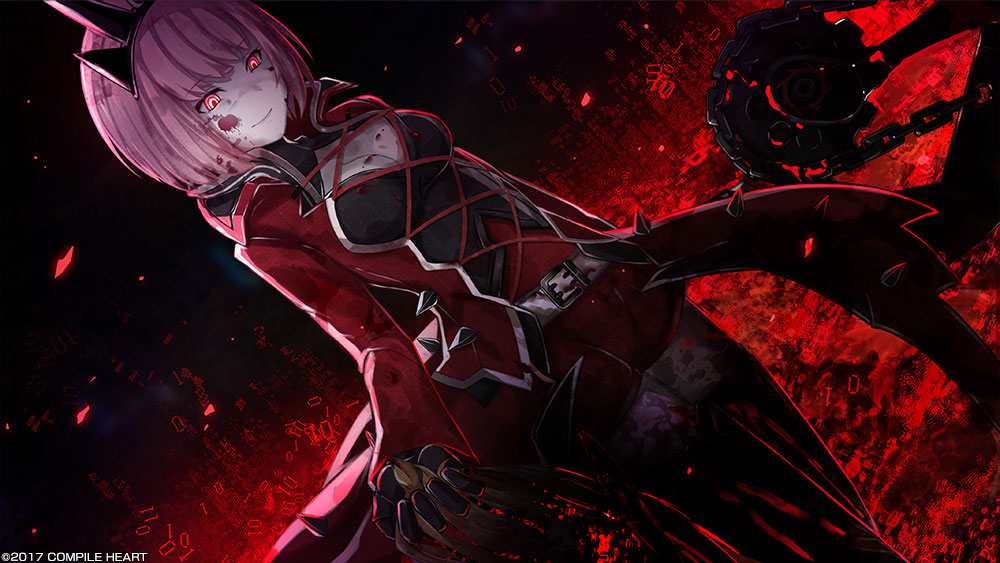 Artwork of a pink-haired girl with blood on her face in a dark place filled with glowing red glyphs in Death end Re;Quest, an Idea Factory game.