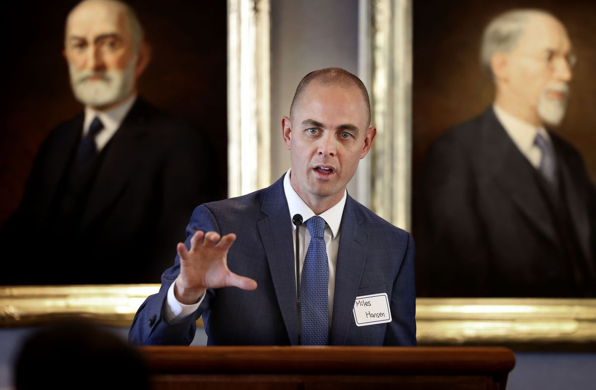 Miles Hansen, president and CEO of World Trade Center Utah, speaks at the Zions Bank Building in Salt Lake City on Wednesday, Nov. 17, 2021.
