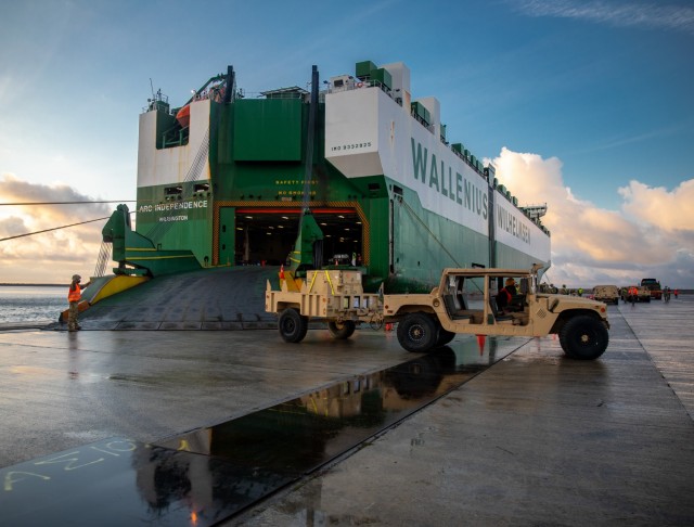 Soldiers with 1st Air Cavalry Brigade (1ACB), 1st Cavalry Division guide a 1ACB HMMWV, as it’s driven off the ramp of the vessel ARC Independence at the port of Alexandroupoli, Greece, Nov. 28, 2021. The port of Alexandroupoli in northeastern Greece provides a strategically located access point to the Black Sea region and southeastern Europe. 