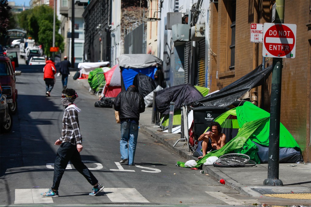 A camp of homeless people living in tents on Willow Street in San Francisco.