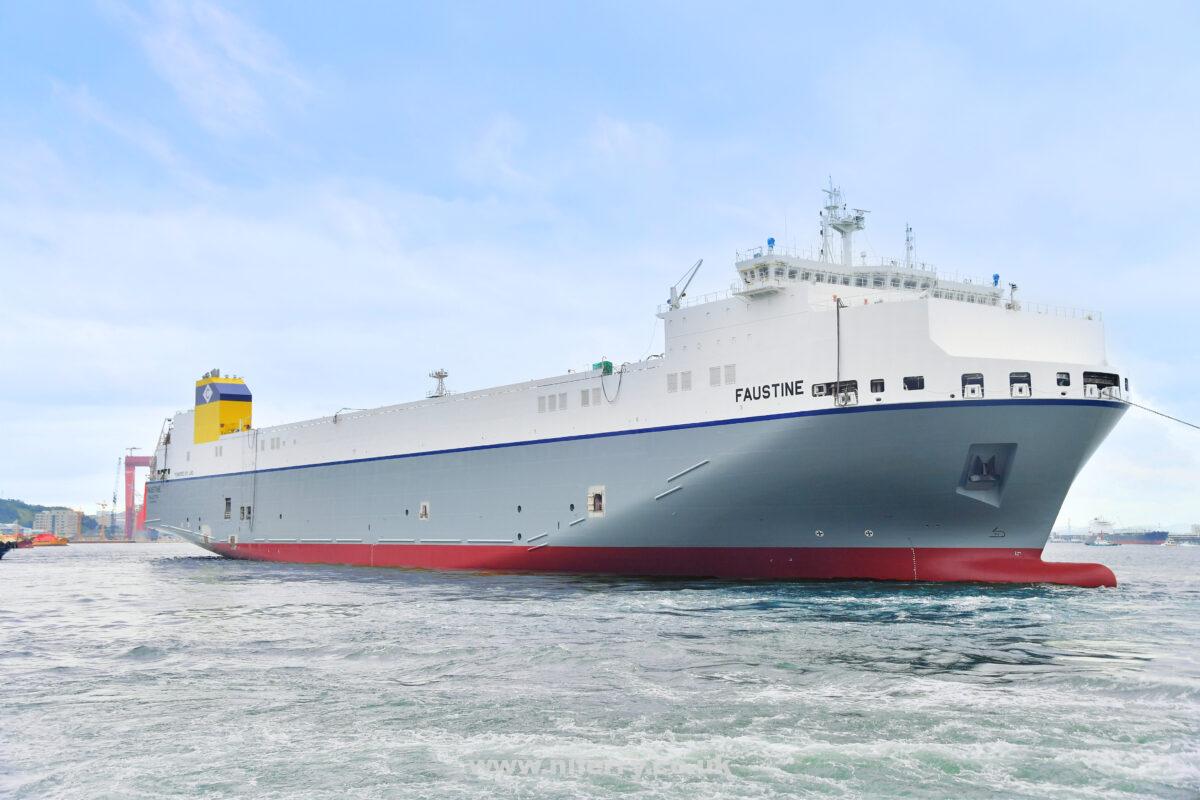 FAUSTINE is the fifth of six 5,400 lane metre capacity Ro-Ro ferries ordered by CLdN from Korean shipbuilder Hyundai Mipo. She is the first in the series to be LNG-fuelled and also the first Ro-Ro to be built in Korea with LNG propulsion. Image: Hyundai Mipo Dockyard.
