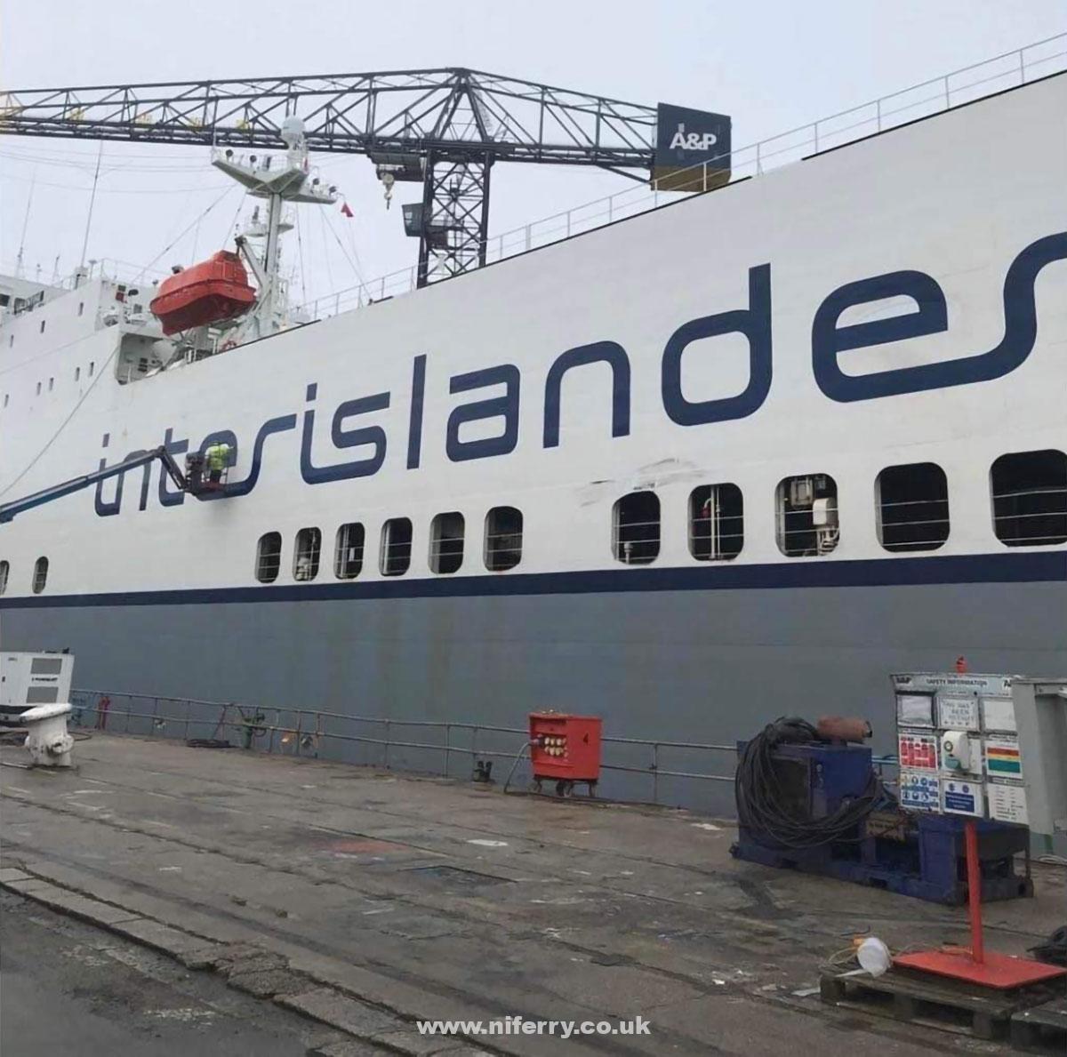 CldN's VALENTINE having the Interislander logo applied at Falmouth prior to sailing to New Zealand for the start of a 12 month charter with the operator. Image: Interislander.