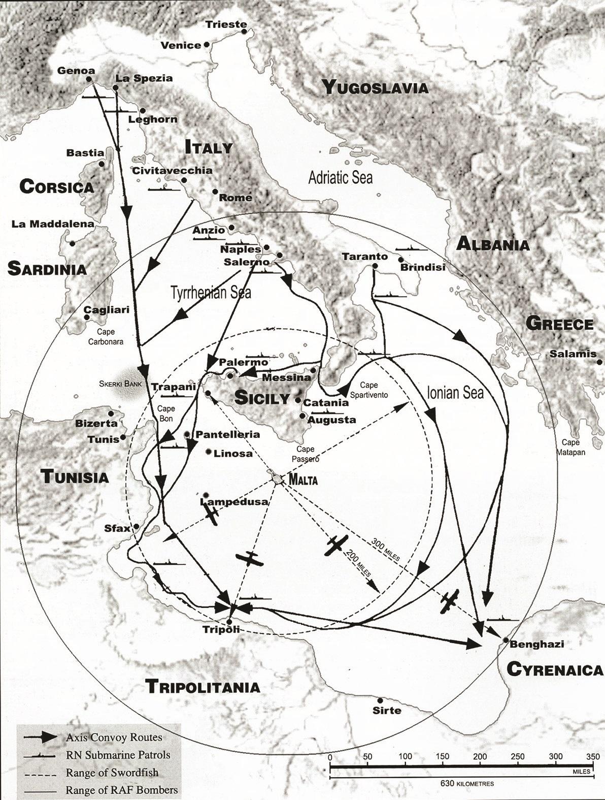 Map of the Central Mediterranean showing the range of Malta’s bombers, torpedo bombers and submarines attacking Italo-German convoys. PHOTO: Malta At War Vol IV Map of the Central Mediterranean showing the range of Malta’s bombers, torpedo bombers and submarines attacking Italo-German convoys. PHOTO: Malta At War Vol IV