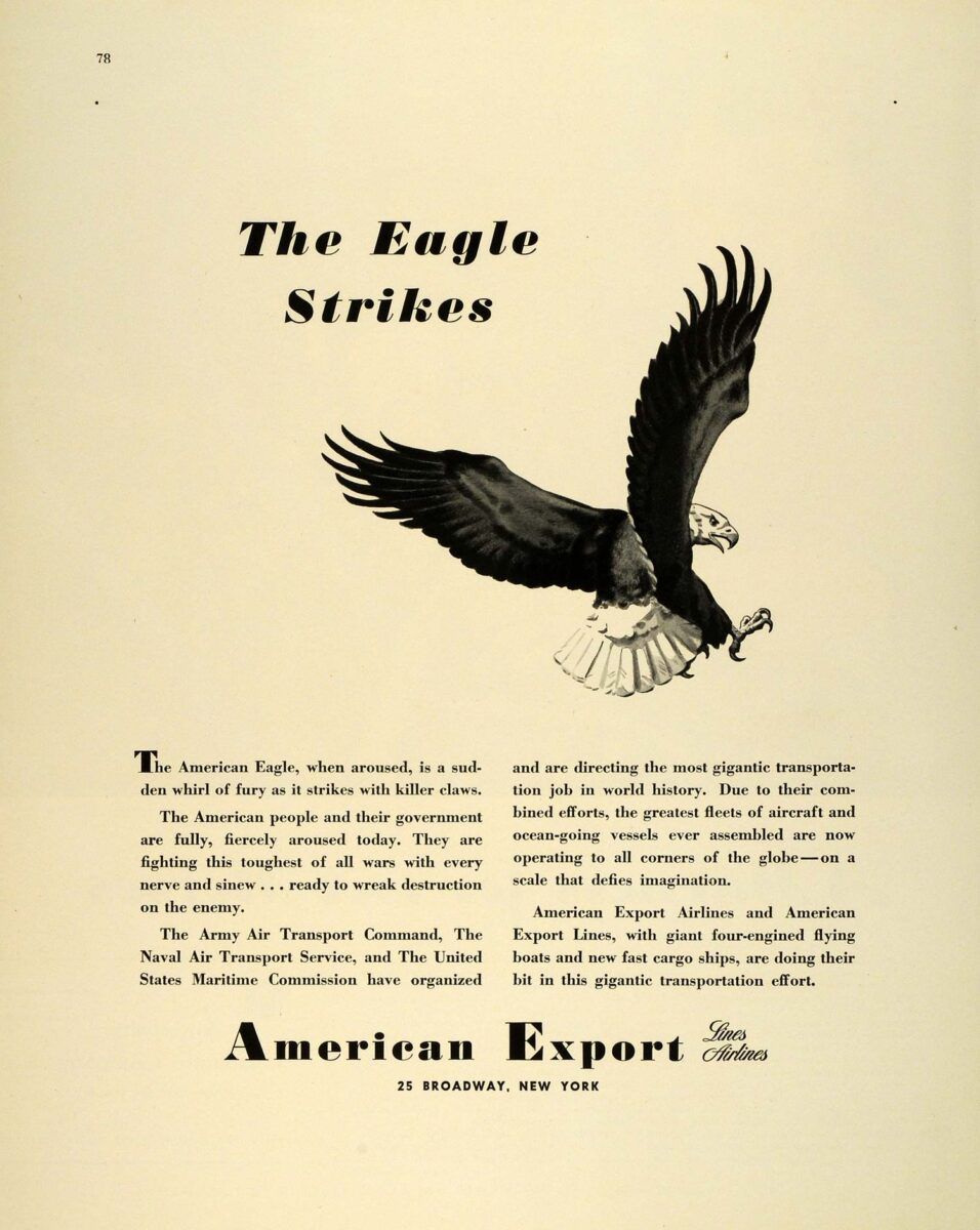 This American Export Lines advertisement from World War II points to the company's ships being used by the government.
(Image: periodpaper.com)