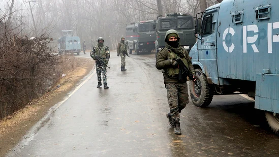 Security personnel patrol at the encounter site where the terrorist was killed by the security forces at the Arwani area in Anantnag. (File Photo / ANI) Security personnel patrol at the encounter site where the terrorist was killed by the security forces at the Arwani area in Anantnag. (File Photo / ANI)