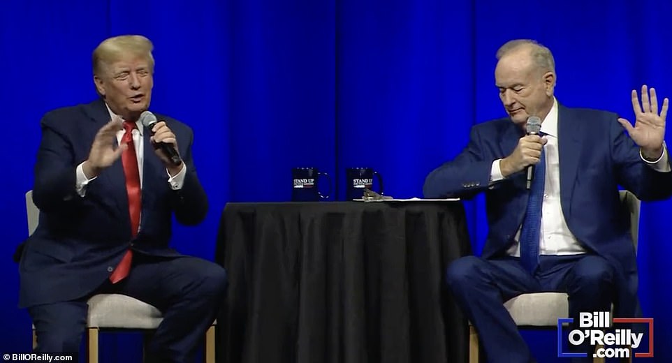 Former President Donald Trump (left) was heckled in Dallas last week for confirming he received his COVID-19 booster shot alongside former Fox News host Bill O'Reilly (right)