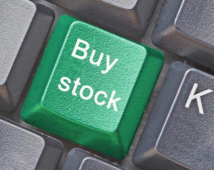A green keyboard button that says buy stock.