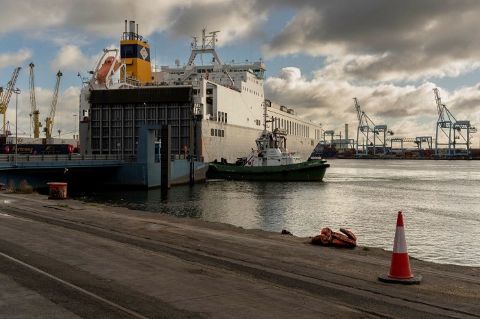 A cargo ship coming from Rotterdam arrives at Dublin Port