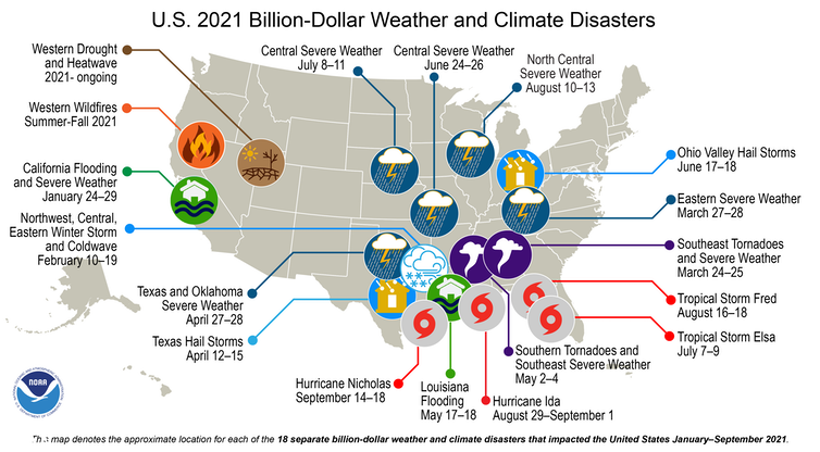 Map showing locations of major storms, flooding and wildfires across the US.