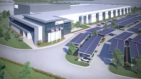 a rendering of a building with solar panels on the roof