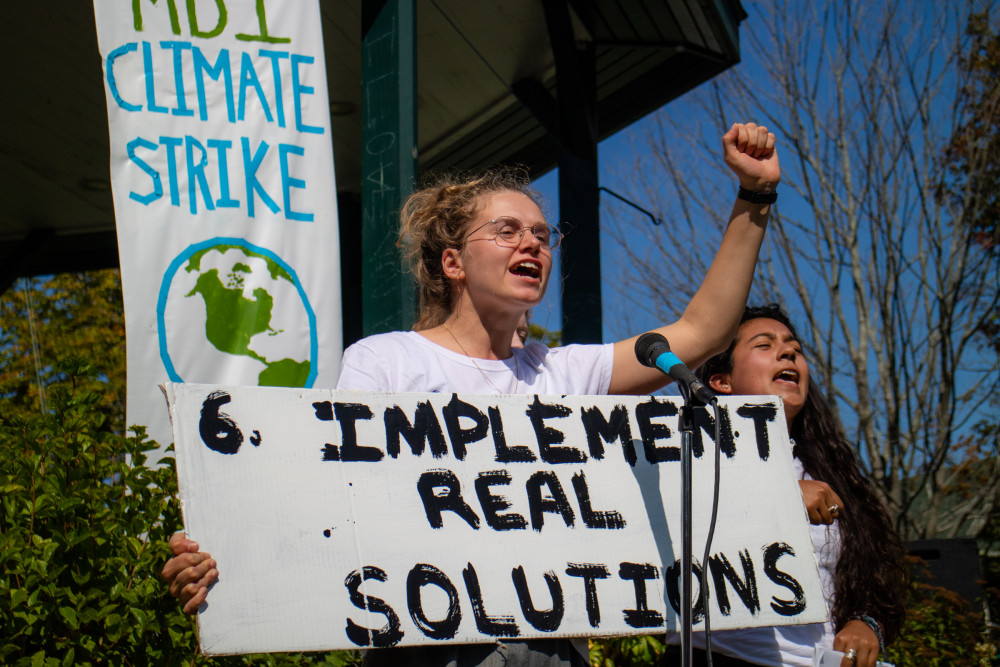 Tina Drupa ’22 speaks at a climate justice rally that she helped organize on the Bar Harbor Vil...