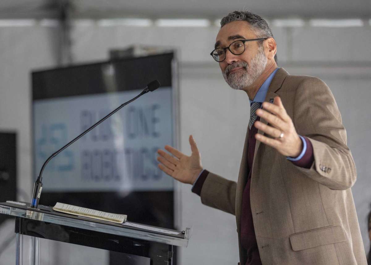 Erik Nieves, Plus One Robotics CEO and co-founder, speaks Wednesday, Oct. 30, 2019 before the ribbon cutting of the company's new 11,000 square foot facility at Port San Antonio.