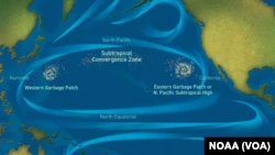 Map showing the Great Pacific Garbage Patch, in the Pacific Ocean between California and Hawaii. The world’s largest ocean garbage patch is over 1.5 million square kilometers. (Courtesy of National Oceanic and Atmospheric Administration)