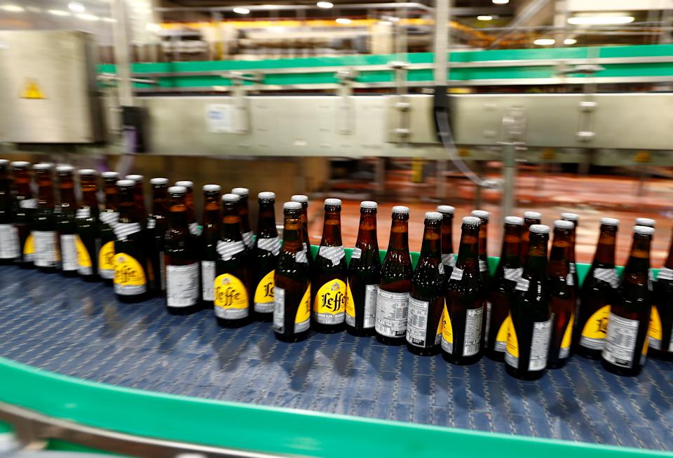 Bottles of non-alcoholic Leffe beer are seen on the bottling line at Anheuser-Busch InBev brewery in Leuven, Belgium November 25, 2019. Picture taken November 25, 2019. REUTERS/Francois Lenoir