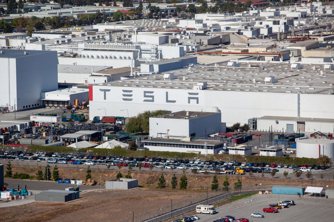 Aerial view of Tesla's factory in Fremont, California.