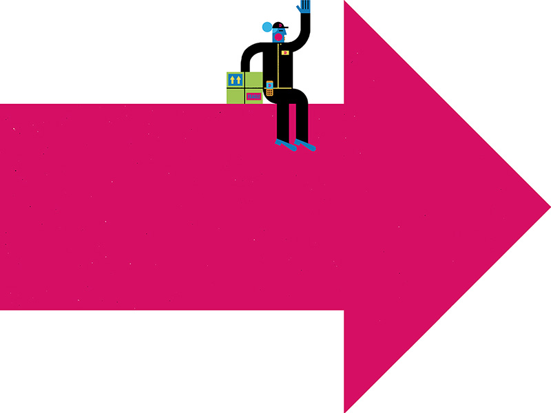 Illustration of a delivery person holding a package sitting on a large pink arrow pointing to the right